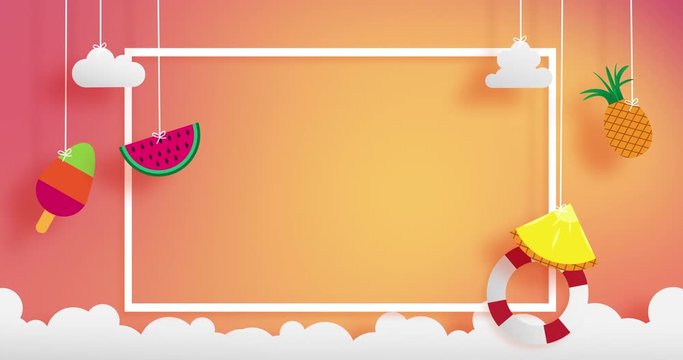 summer banner as horizontal frame  contain white border ,sunset light shining on background and all objects floating over cloud, objects are hanging by string such as ice creme, pineapple  watermelon