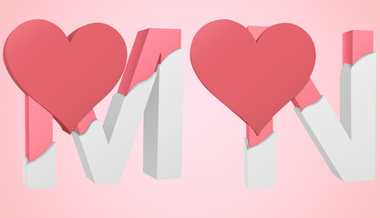 Letters M and N color pink inside the white broken Letters with a big red heart.