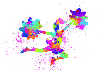 Fototapeta na wymiar Popular Cheerleader Logo Design. Colorful Sports Background. Dancing girl splash paint. Icon, Symbol, Silhouette, Exercises, Healthcare. Vector illustration. 
