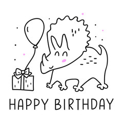 Happy birthday. Cute dinosaur with balloon and present box. Vector illustration on white background.