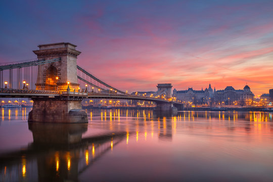 Budapest, Hungary. Cityscape image of Budapest skyline with the Chain Bridge building during beautiful winter sunrise.