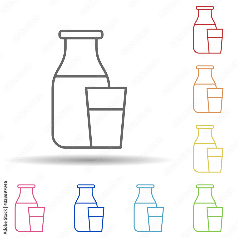 Poster a bottle of milk and a glass in multi color style icon. simple thin line, outline vector of food ico