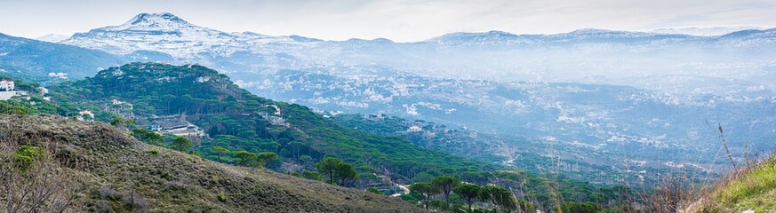 Fototapeta na wymiar The mountains of Lebanon were once shaded by thick cedar forests and tree is the symbol of country. Beautiful landscape of mountainous town in winter, Eco tourism, Chouf district with large vistas