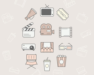 Movie Icons set - Vector color symbols and outline of film, cinema, video for the site or interface