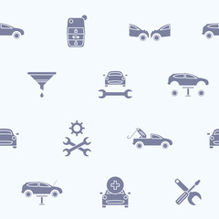 Car service background - Vector seamless pattern solid silhouettes of vehicle repair for graphic design