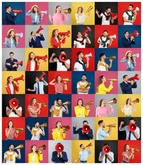 Obraz na płótnie Canvas Collage of people with megaphones on color backgrounds