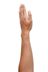 Male Asian hand gestures isolated over the white background. Touch Action.