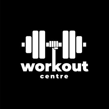 White dumbbell gym logo in black background. Gym and workout sign or sign - vector template