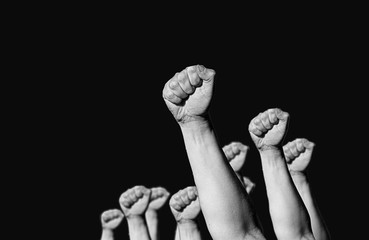 hands and fist raised in the air . the concept of the struggle and the retention of their rights and freedoms - obrazy, fototapety, plakaty