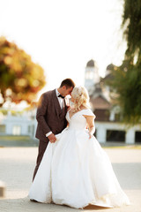 Naklejka premium Wedding in the castle. Stylish and beautiful. Princess's dress. Lush white dress and veil. Bride is a brunette. The groom in a black suit. A couple is walking in the park on the castle grounds.