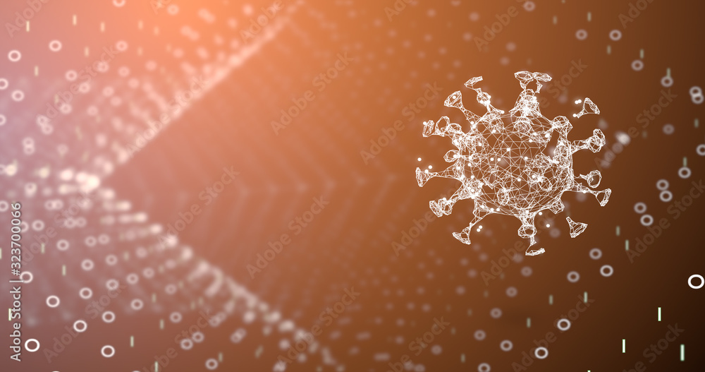 Poster alpha channel illuminating virus is moving through an abstract vortex over brown background.