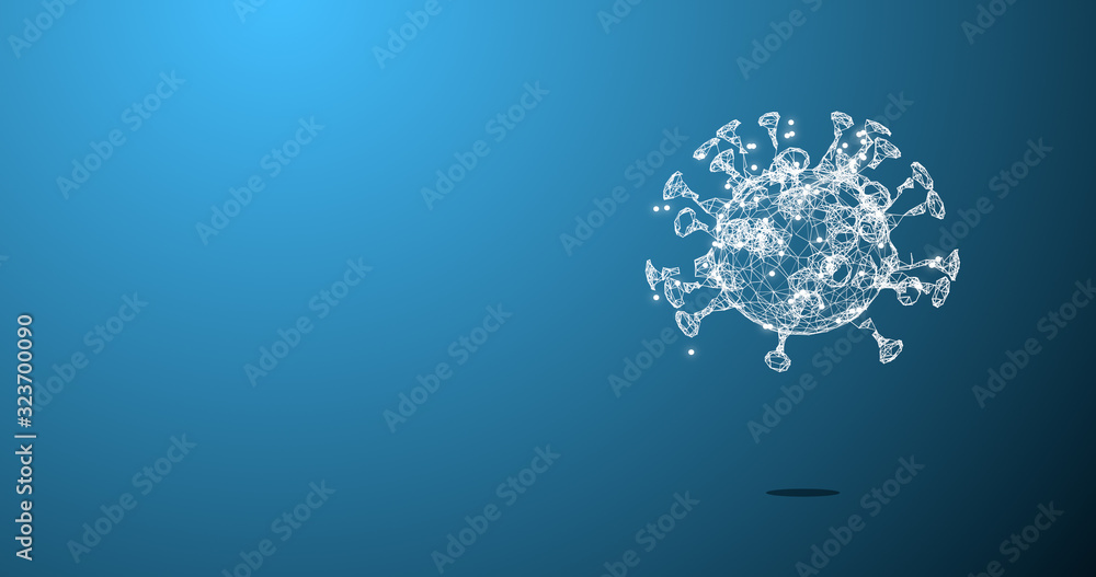 Poster virus or cell with depth of field translucent geometric structure over blue background with copyspac