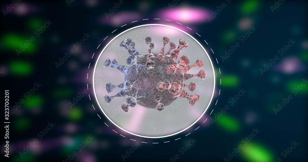 Poster pathogen outbreak of virus. multicolored dangerous cell inside a glowing circle over dark background