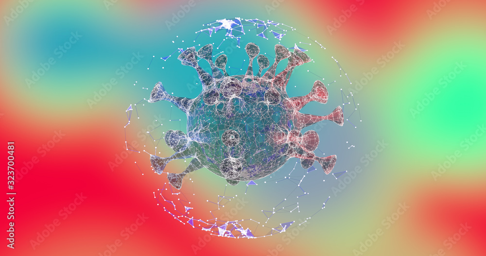 Poster colorized scanning micrograph of some virus 3d render inside plexus sphere over colorful background.