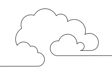 Clouds in the sky in continuous line art drawing style. Minimalist black linear design isolated on white background. Vector illustration