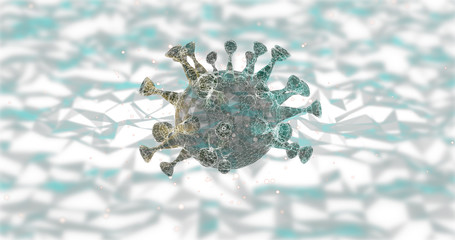 Antibodies attack an alien cell or virus over abstract polygonal gray background.