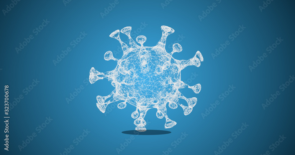 Poster white 3d rendering of molecule on light blue backdrop.