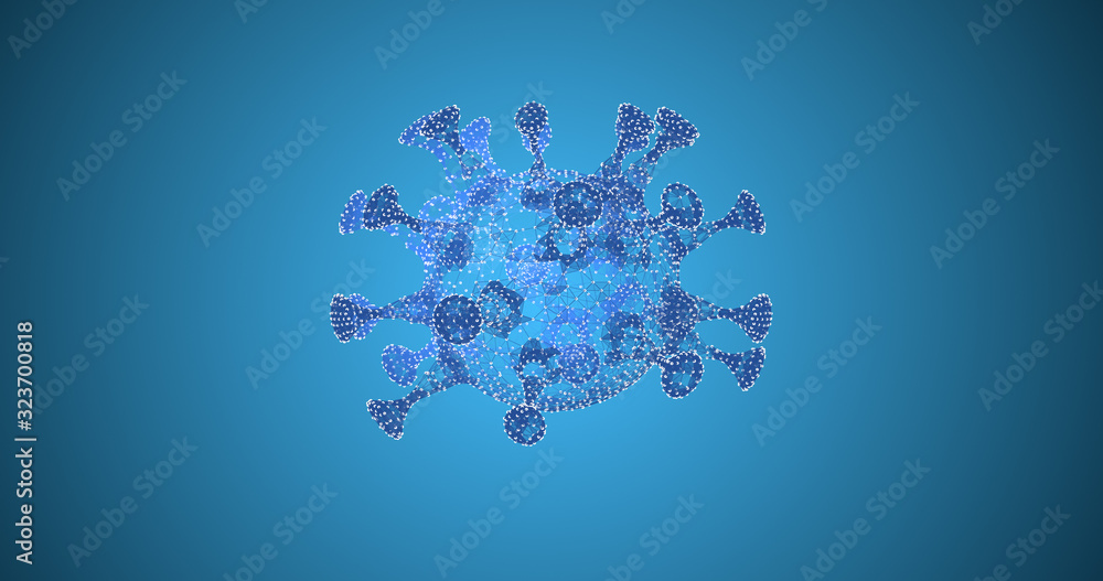 Poster virus or cell with depth of field translucent geometric structure over blue background.