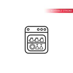 Dishwasher machine thin line vector icon. Simple outline dishwasher with dishes symbol. Editable stroke.