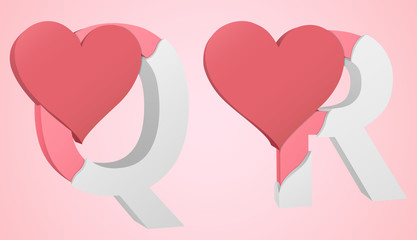 Letters Q and R color pink inside the white broken Letters with a big red heart.