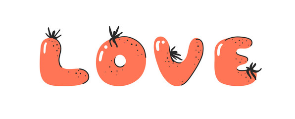 Cartoon vector illustration tomatos  ABC. Hand drawn font with vegan food. Actual Creative art vegetarian alphabet 