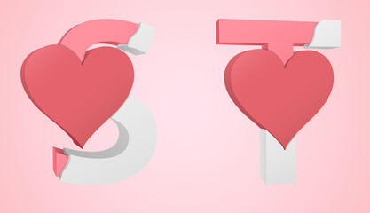 Letters S and T color pink inside the white broken Letters with a big red heart.