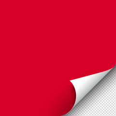 Red paper sticker with curled corner. Page curl with shadow. Template design. Sticky note page. Blank sheet of paper with corner. Vector