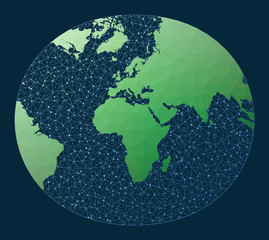 Communications map of the world. Modified Stereographic Miller projection. Green low poly world map with network background. Stylish connections map for infographics or presentation.