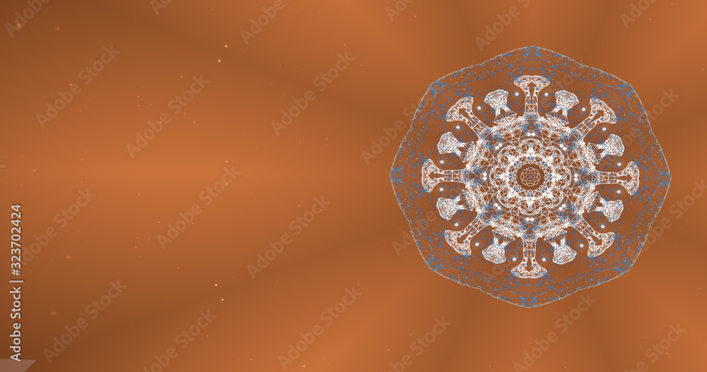 Poster abstract circular cluster of particles performing different kaleidoscopic patterns over brown backgr