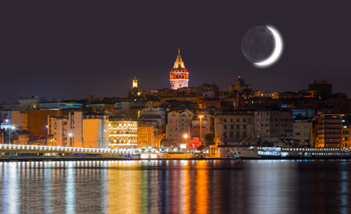 Galata Tower with crescent moon - Istanbul, Turkey 