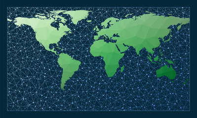 Global network. Patterson projection. Green low poly world map with network background. Astonishing connections map for infographics or presentation. Vector illustration.