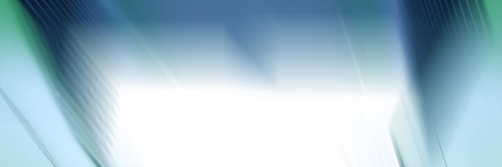 Wide abstract banner, business modern city urban futuristic architecture panoramic background, motion blur, reflection in glass of high rise skyscraper facade, toned blue picture with bokeh. Real