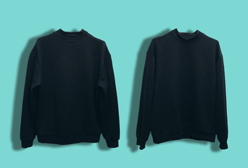 Blank black hoody or sweatshirt , from two sides, natural shape , for your logo or design on blue background. Mockup for print