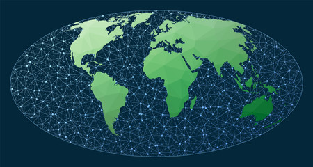 Abstract map of world network. Mollweide projection. Green low poly world map with network background. Superb connections map for infographics or presentation. Vector illustration.