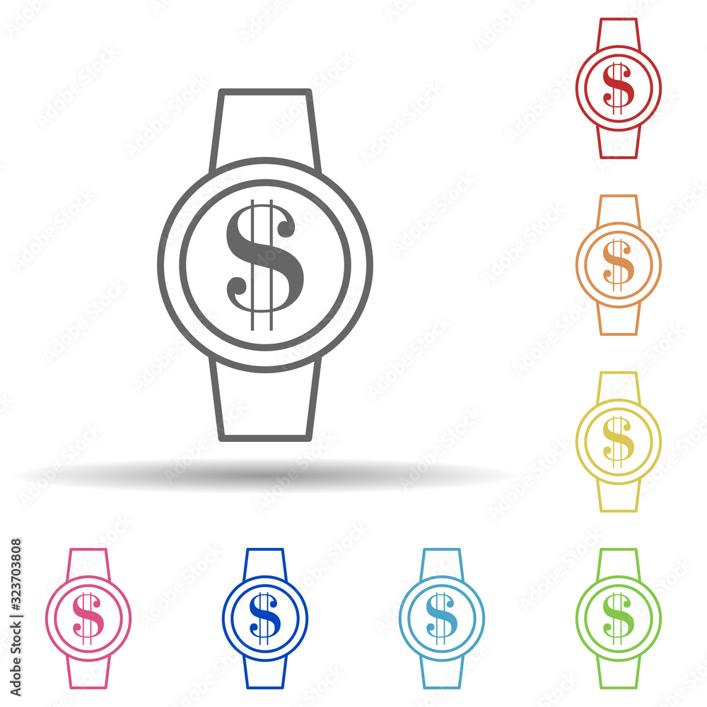 Poster money on the smart watch screen in multi color style icon. simple thin line, outline vector of mobil