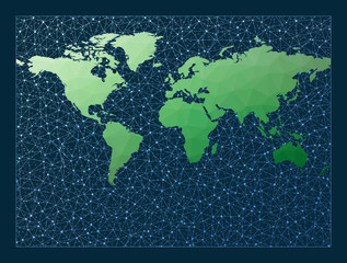 Global network. Miller projection. Green low poly world map with network background. Neat connections map for infographics or presentation. Vector illustration.