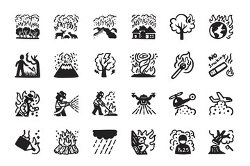 Wildfire,Forest fire Hand drawn Icon set
