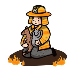 Cartoon style painting Firefighters hug koalas and kangaroos. Rescue animals from forest fires in Australia. Pray for australia.