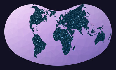 Global network concept. Hill eucyclic projection. World network map. Wired globe in Hill projection on geometric low poly background. Astonishing vector illustration.