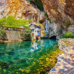 Dervish monastery or tekke at the Buna River spring in the town of Blagaj