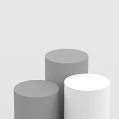 3d gray white cylinder podium minimal studio background. Abstract 3d geometric shape object illustration render. Display for cosmetic perfume fashion product.