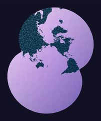 Communications network map. Modified stereographic projection for the Pacific ocean. World network map. Wired globe in Modified Stereographic Lee projection on geometric low poly background.