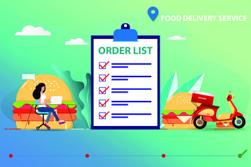 Business concept of food delivery service, staff is entering the order in laptop to prepare the food and ship to the customer by scooter in a background of big hamburger and order list board.