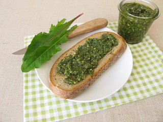 Dandelion pesto, green pesto with dandelion on a slice of bread