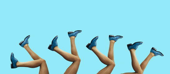 Sexy woman legs in gold tights and shoes over blue background. Collage in magazine style, pop art...