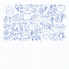 Vector pattern with travel and beach icons.