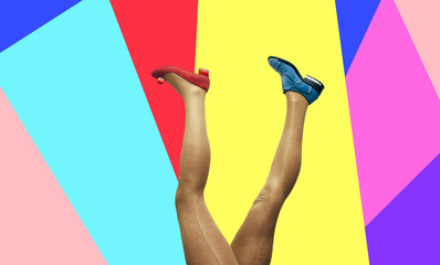 Sexy woman legs in gold tights and shoes over colorful background. Collage in magazine style, pop art collection.