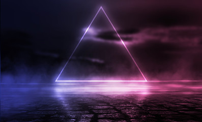 Background of empty stage show. Neon blue and purple light and laser show. Laser futuristic shapes on a dark background. Abstract dark background with neon glow