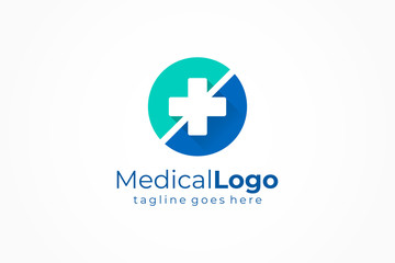 Obraz premium White Cross Sign in Blue Circle Medical Logo Health Icon. Flat Vector Logo Design Template Element