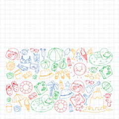 Vector pattern with travel and beach icons.